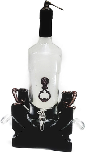 Декоративна луксозна бутилка с кранче  и обков на дървена стойка с 4 чаши
